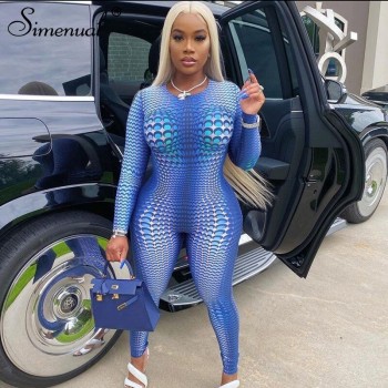 Simenual Workout Printing Bodycon Long Sleeve Rompers Womens Jumpsuit Streetwear Blue Autumn Fashion One Piece Outfit Sportswear